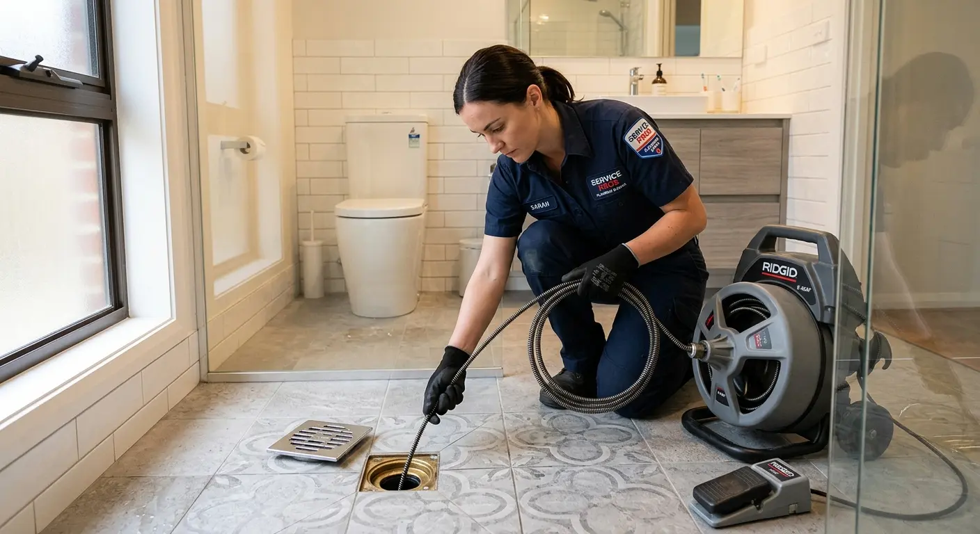 Technician clearing a bathroom floor drain for Hydro Jetting in Princeton